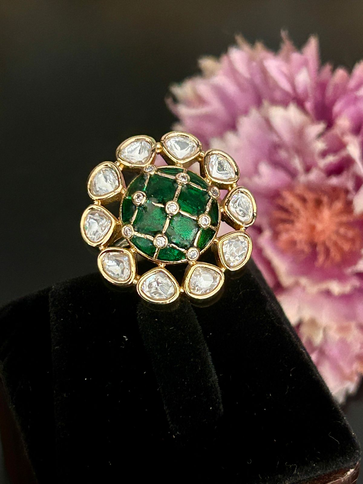 Emerald Green Kundan Statement Ring with White Stone Border – Adjustable Traditional Ring